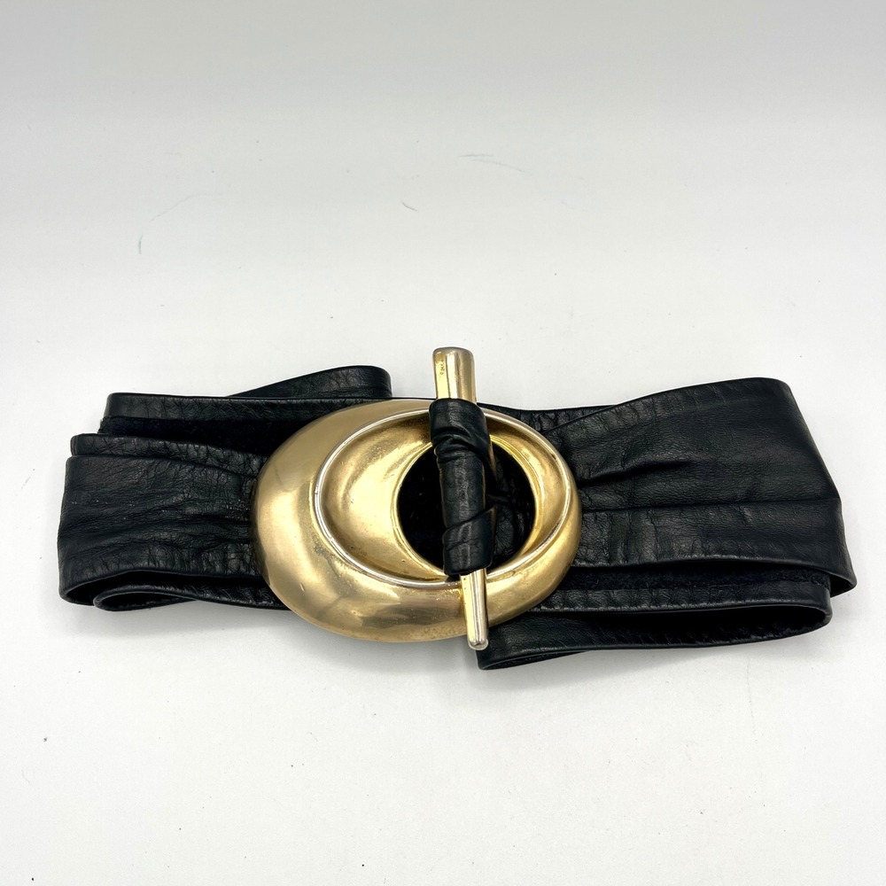 Vintage 1987 Black Leather Wide Belt Gold Sculptural Toggle Buckle T Bar Small